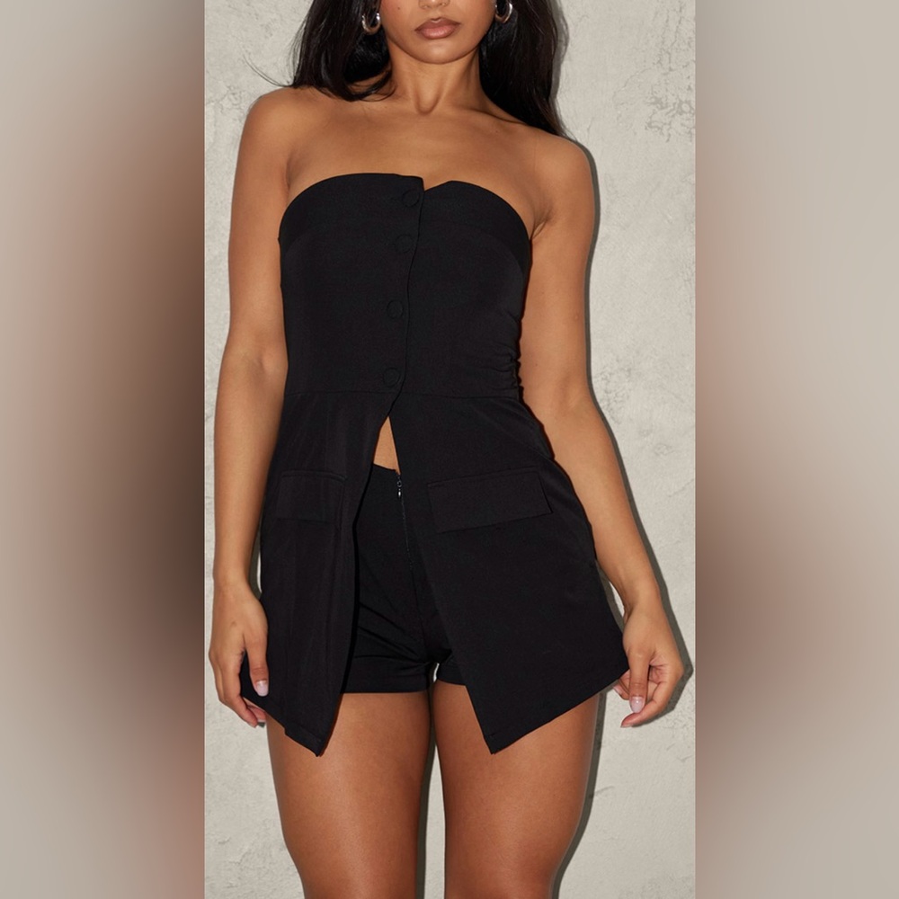 Black Tailored Button Skort Bandeau Romper